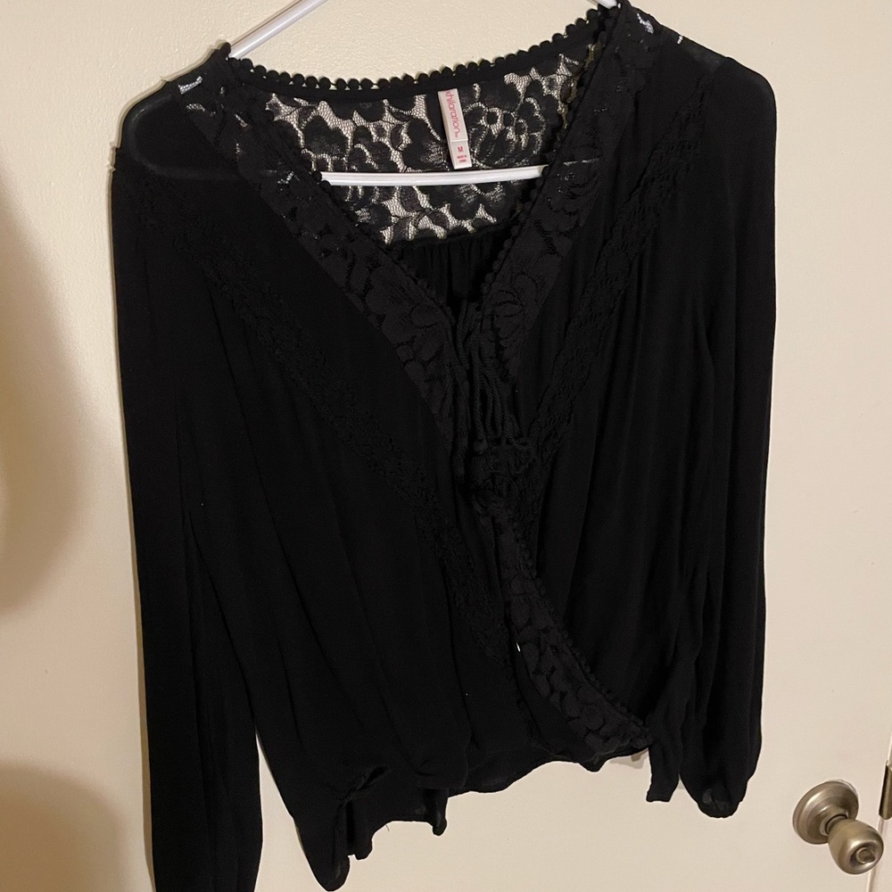 Black, long sleeve, cross body shirt